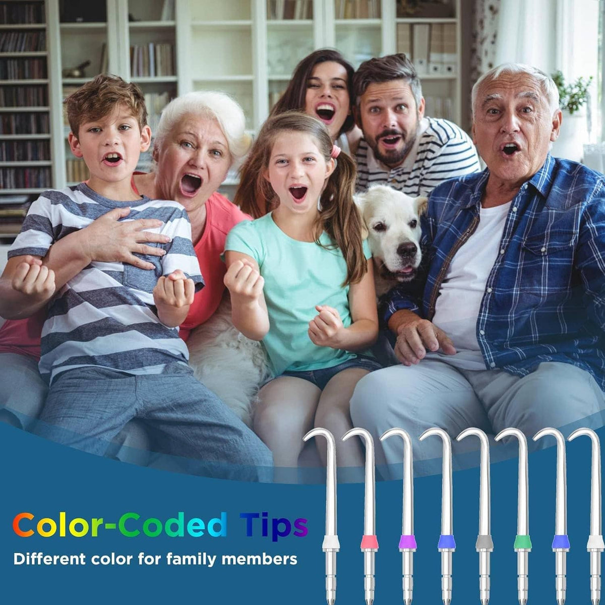 Color-coded water flosser tips with clear and colored base caps