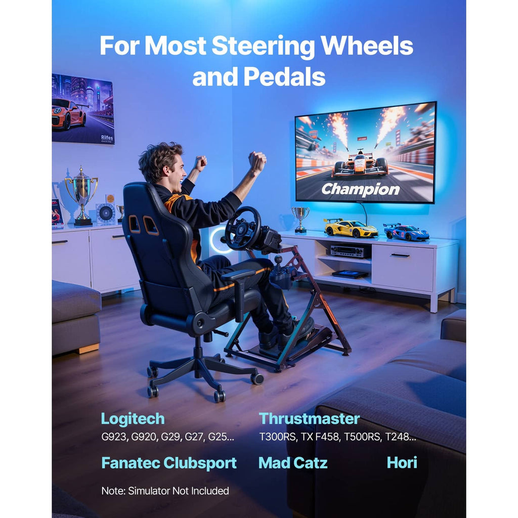 Racing steering wheel and pedals on a black foldable stand with adjustable mounts