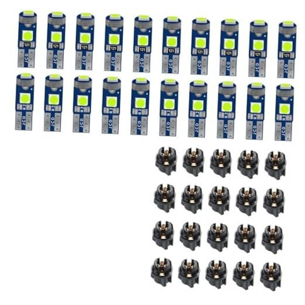 Pack of blue LED bulbs with green chips and gray sockets, multiple units shown