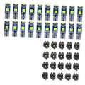 Pack of blue LED bulbs with green chips and gray sockets, multiple units shown