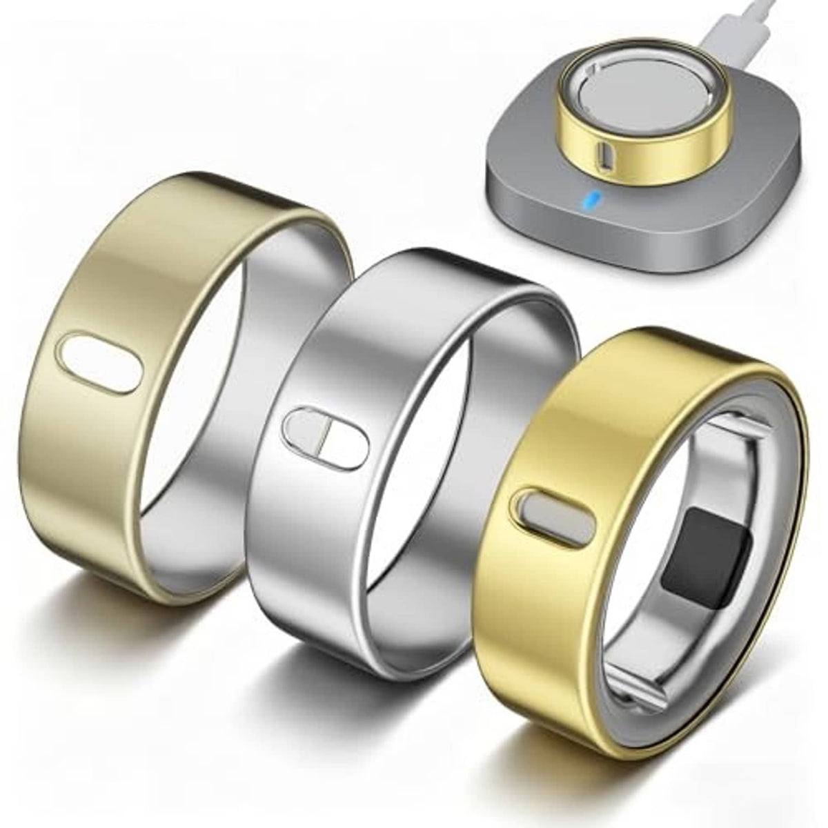 Three TPU ring covers—silver, gold, and champagne-gold—with open inner track for ring.