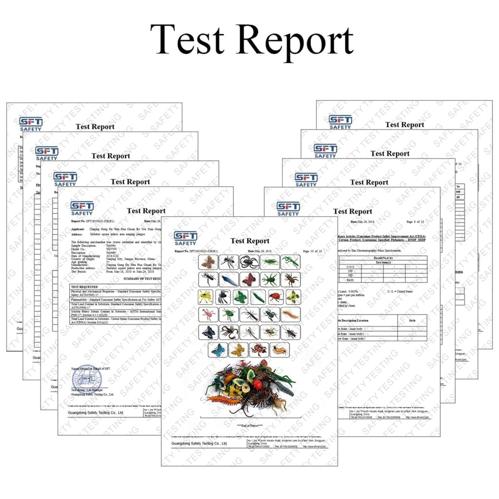 Test report pages showing safety checks for plastic bug toys