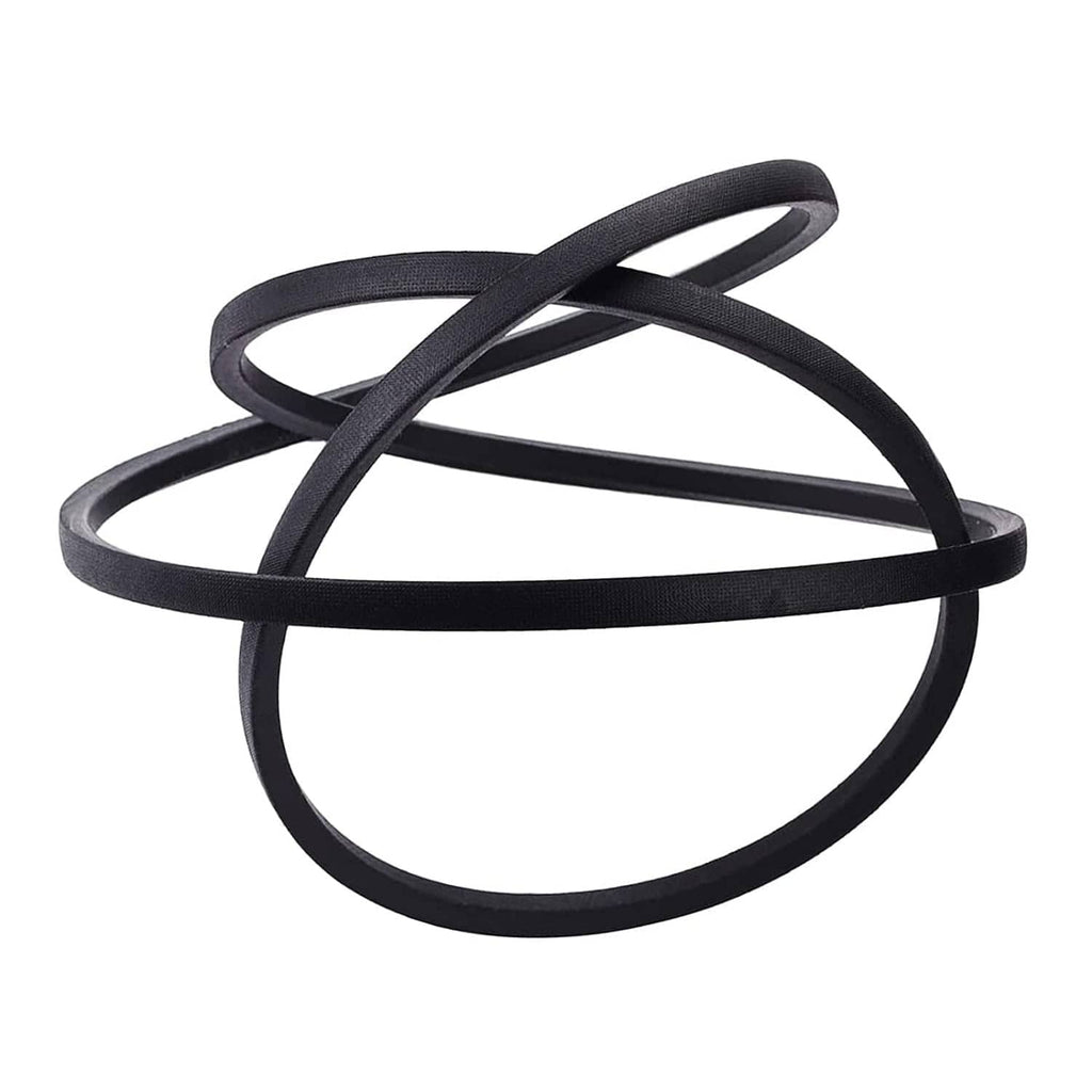 Lawn mower belt, black looped straps arranged in an X shape