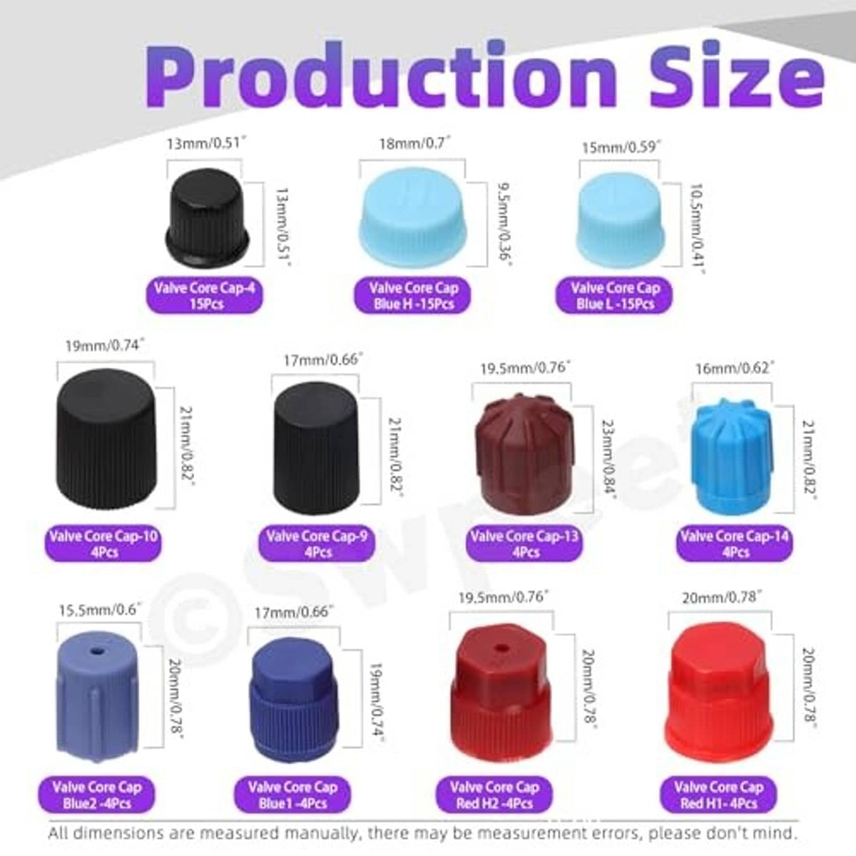 Assorted A/C valve core cap sizes chart with black, blue, red, and maroon caps