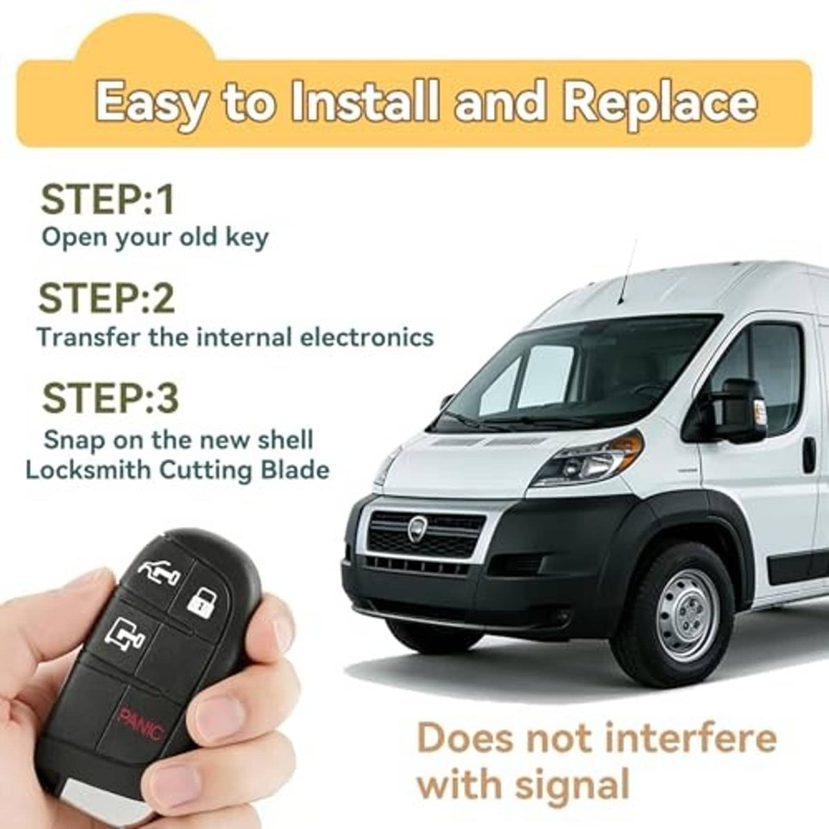 Black key fob shell cover with red PANIC button, held for easy replacement
