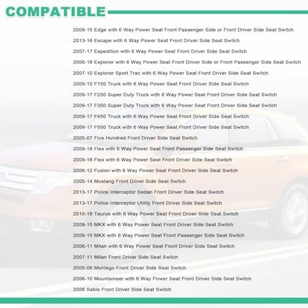 Compatibility list for front driver seat power switch, model years 2005 to 2015