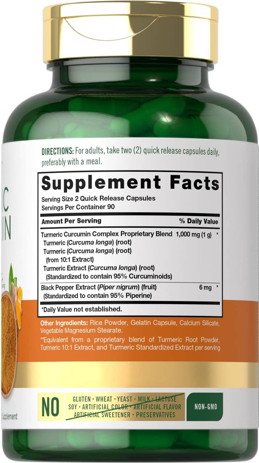 Carlyle turmeric curcumin complex 1000mg supplement bottle, Supplement Facts panel