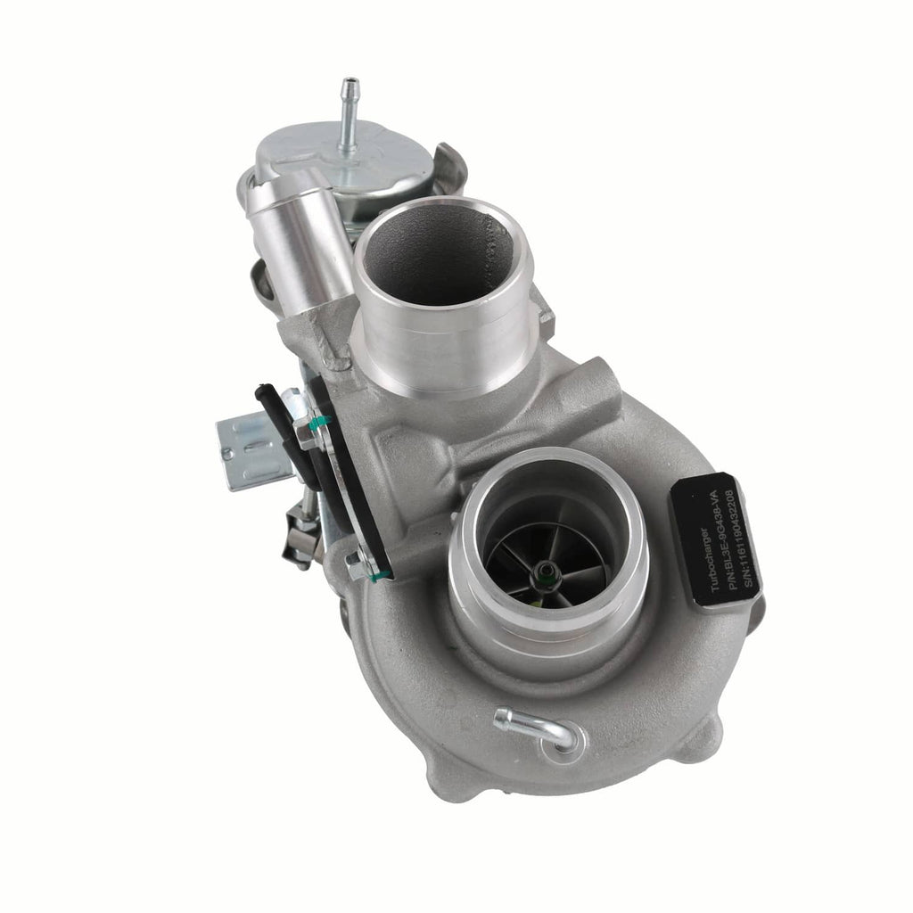 Right-hand turbocharger with silver compressor housing and black intake opening