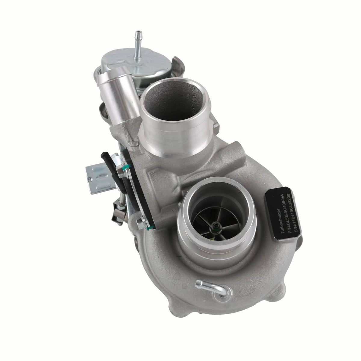 Right-hand turbocharger with silver compressor housing and black intake opening