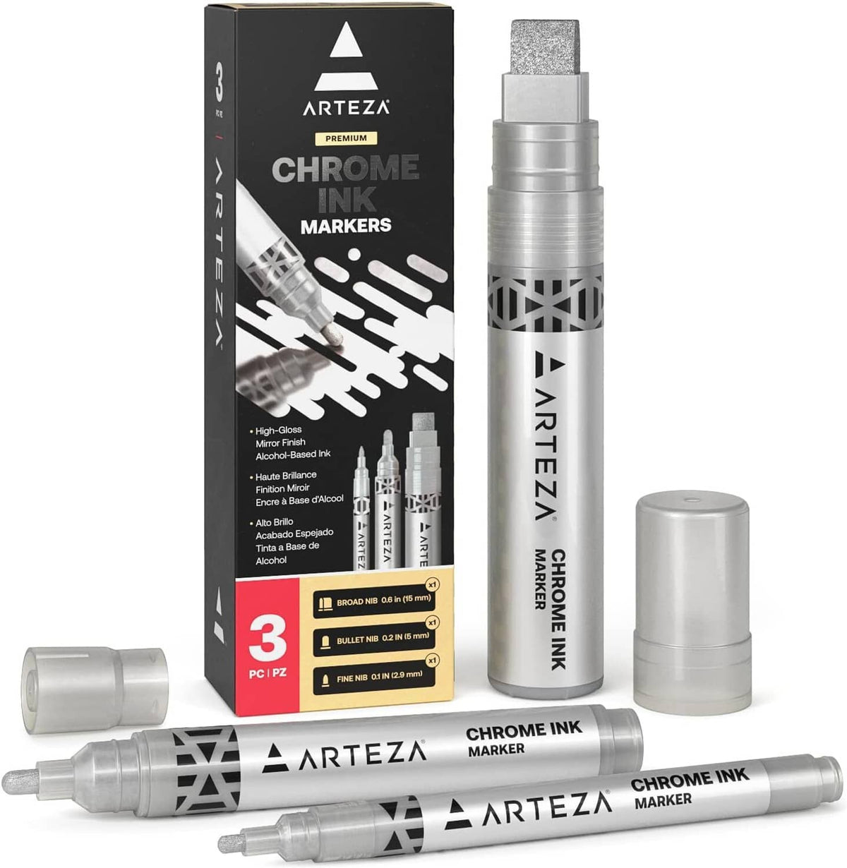 Chrome ink marker set, three silver metallic markers with caps and storage tube