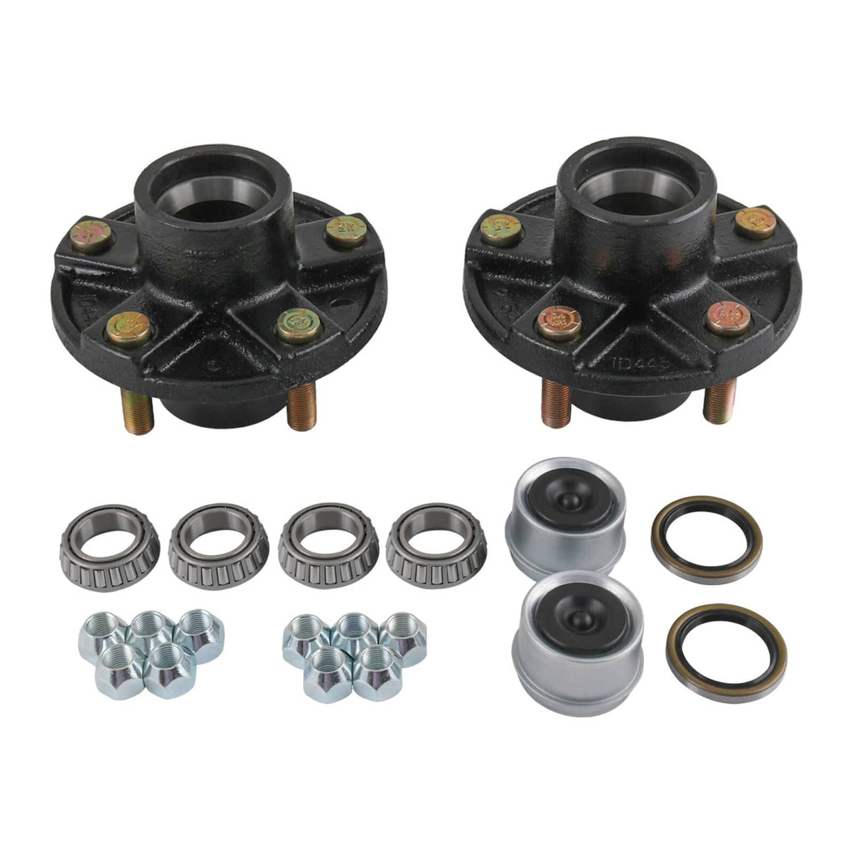 Black trailer idler hub kits with mounting flange, bearing races, and seals—set of parts
