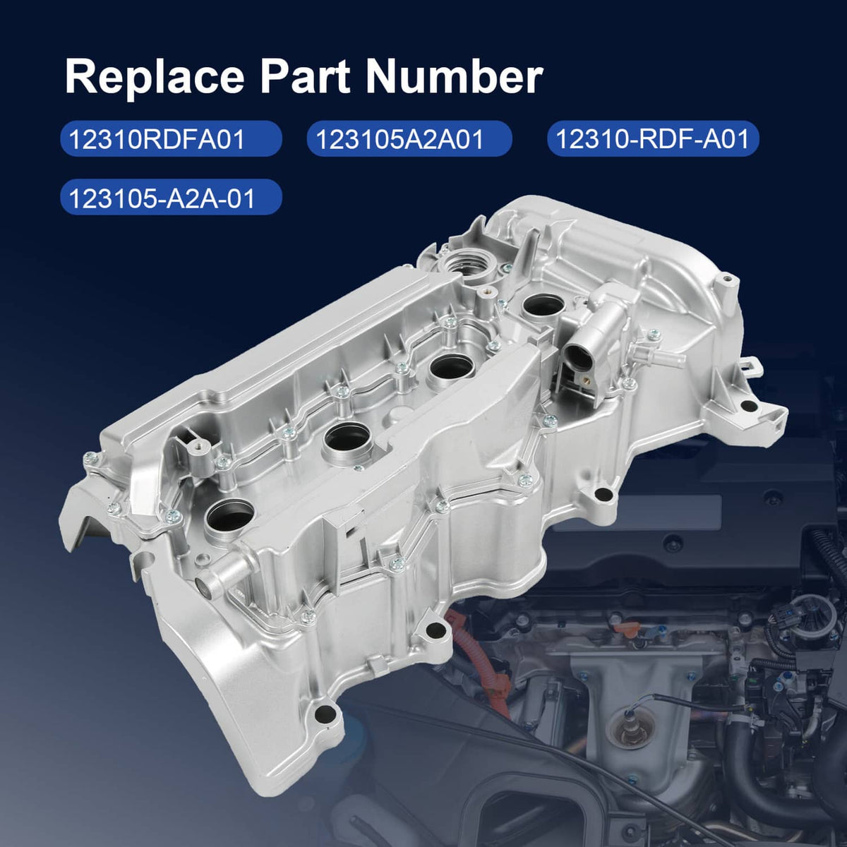 Silver aluminum valve cover assembly with multiple bolt holes and mounting tabs