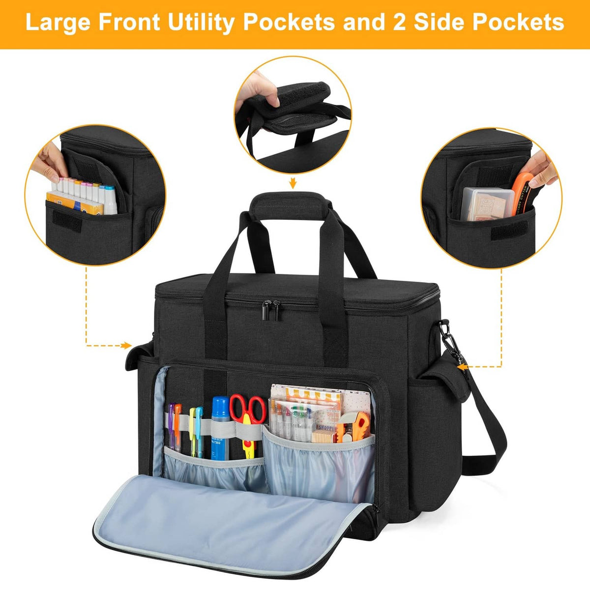 Black scrapbook tote with front utility pocket, side pockets, and zip top closure