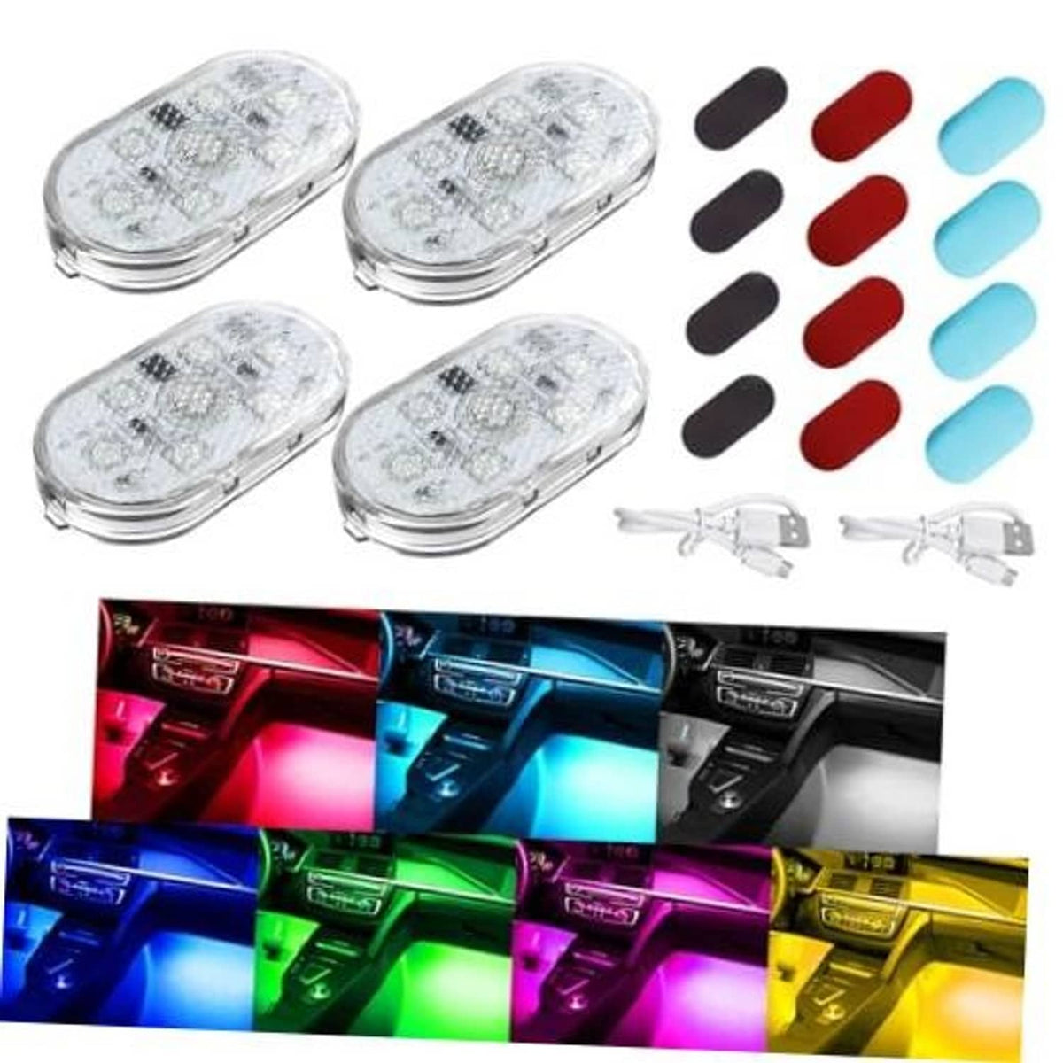 Set of four magnetic car interior LED lights with clear oval lenses and power wires