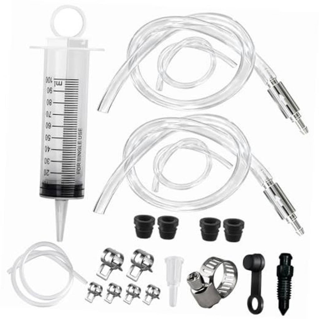 Brake bleeder hose kit with two clear tubes, metal fittings, and assorted clamps
