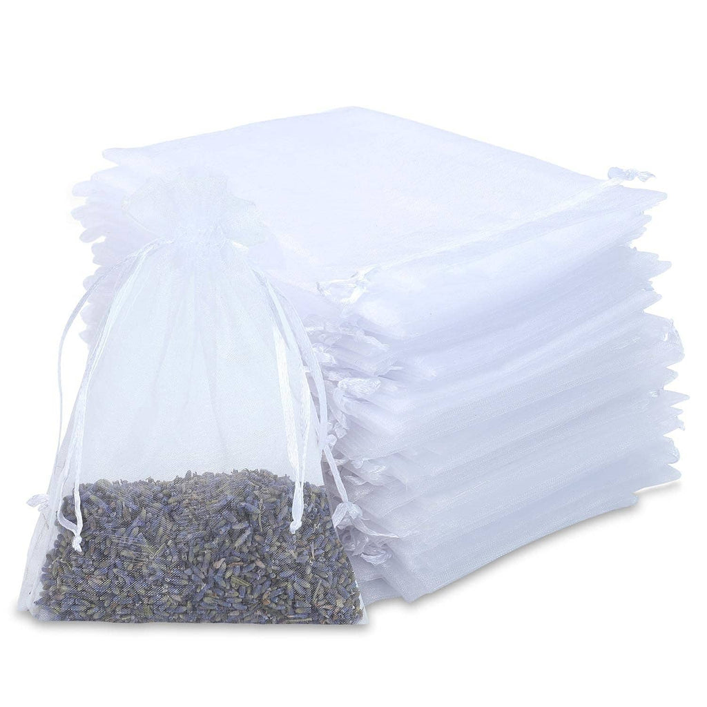 White small mesh drawstring bags, stack of pouches