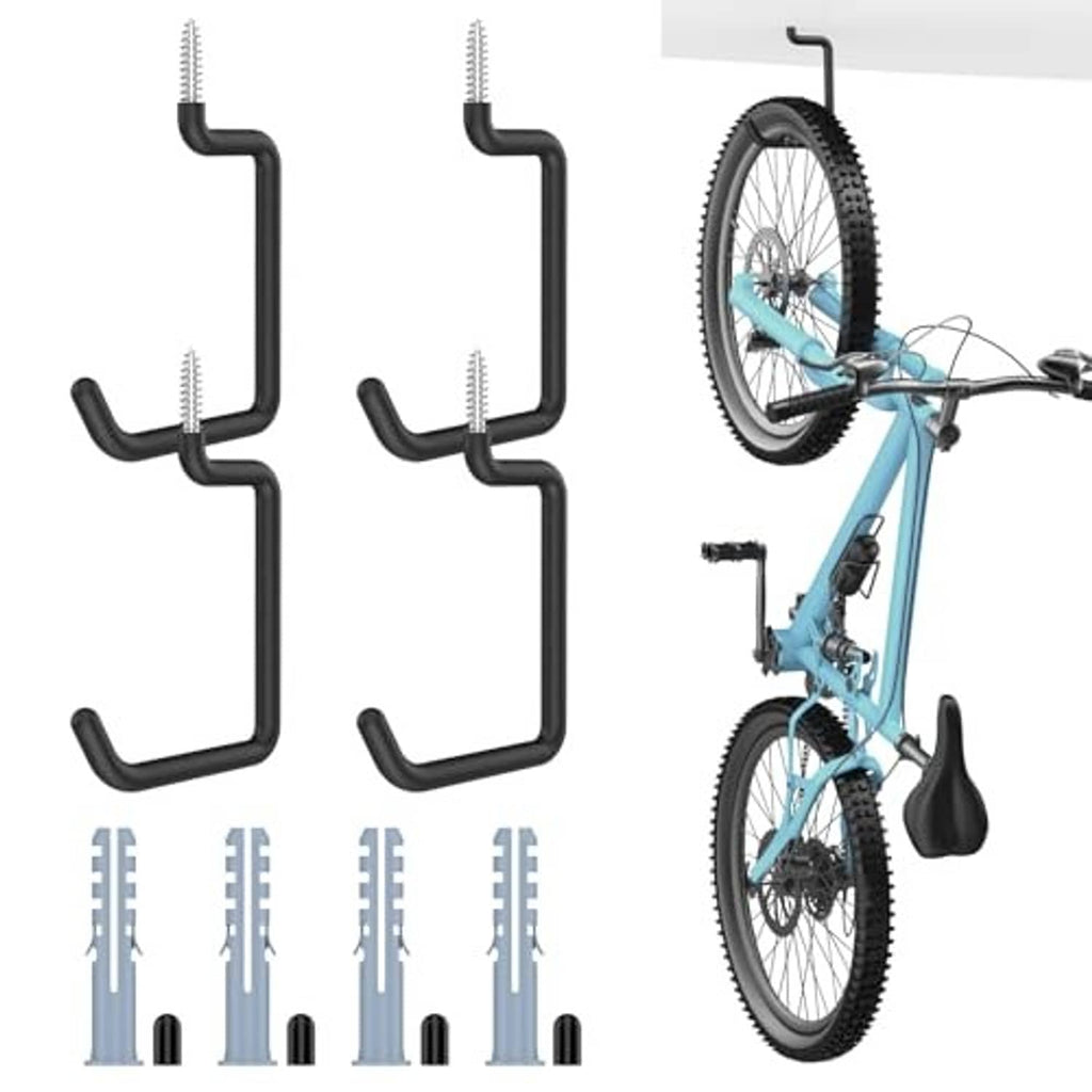 Four black bike wall hooks with screw-in hardware and mounting templates