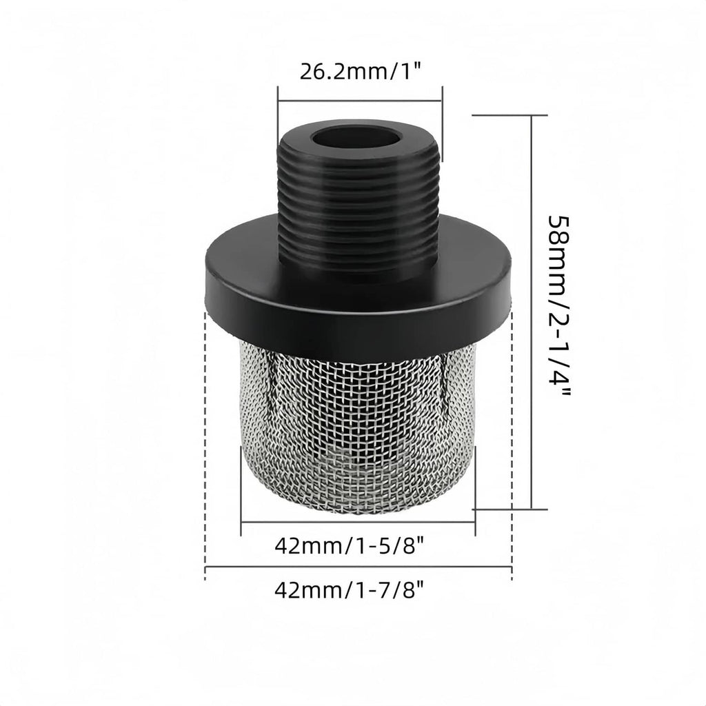 Airless spray gun filter screen with silver metal mesh and black threaded plastic base