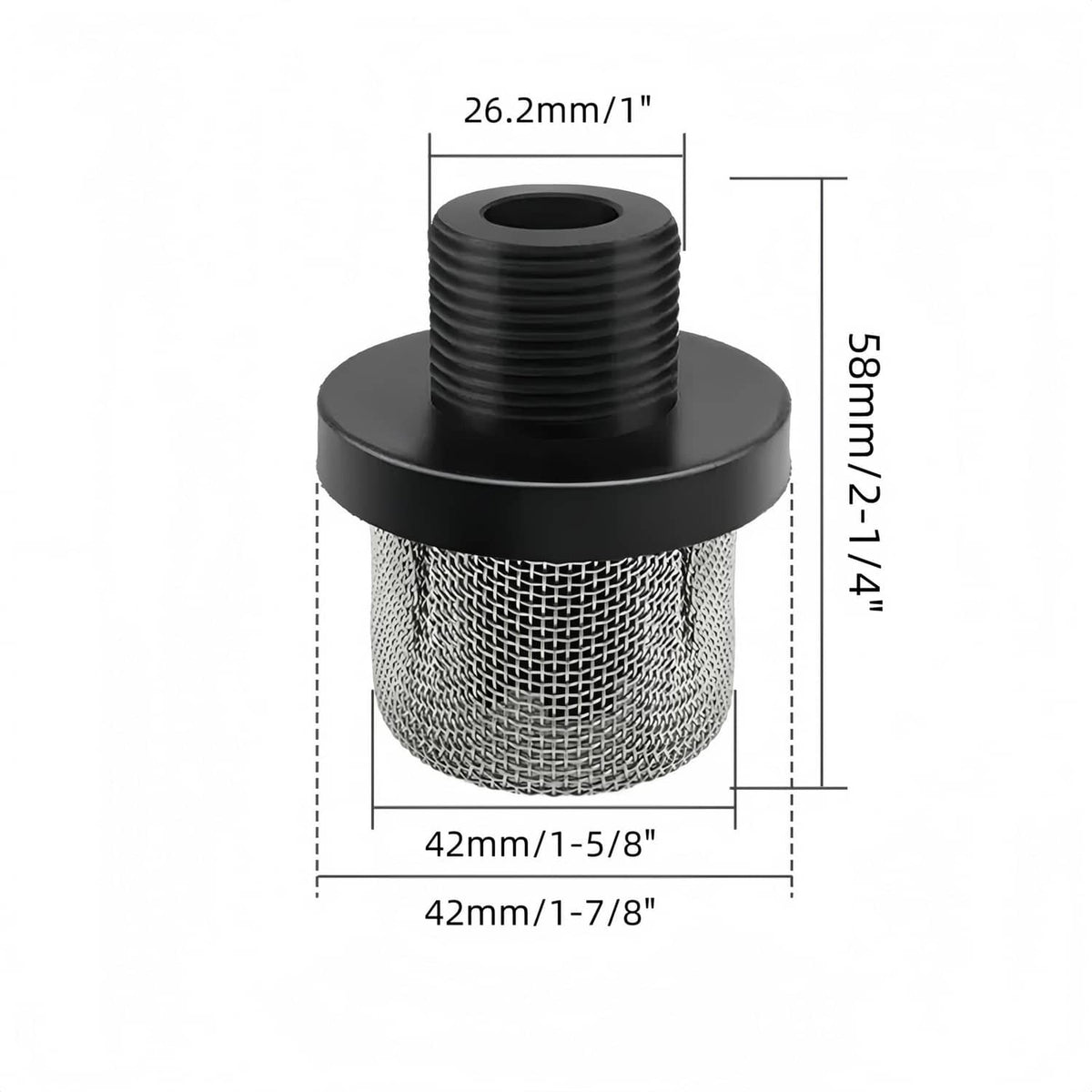 Airless spray gun filter screen with silver metal mesh and black threaded plastic base