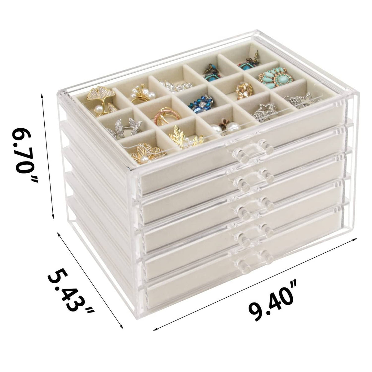 Clear acrylic jewelry box with five drawer layers and multiple compartment grids