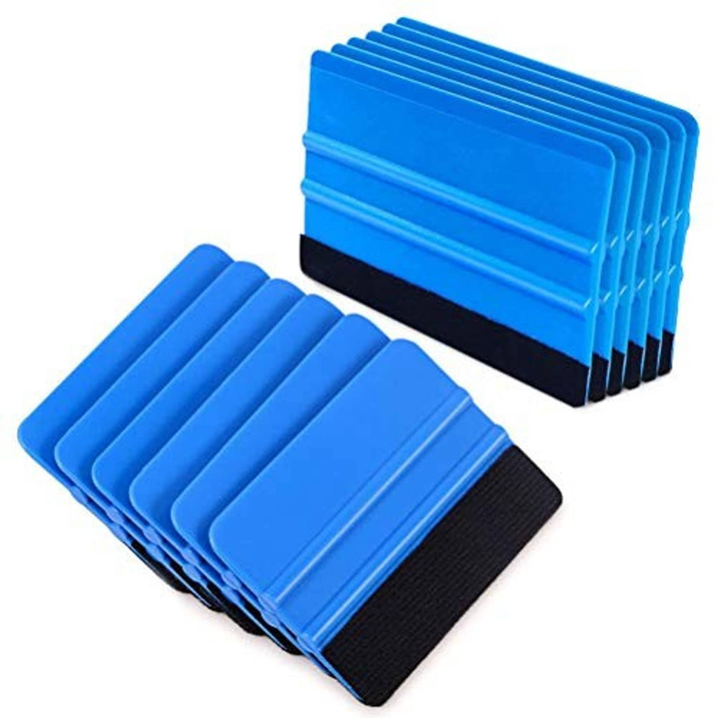Blue felt edge squeegee kit with black backing strips, several tools stacked