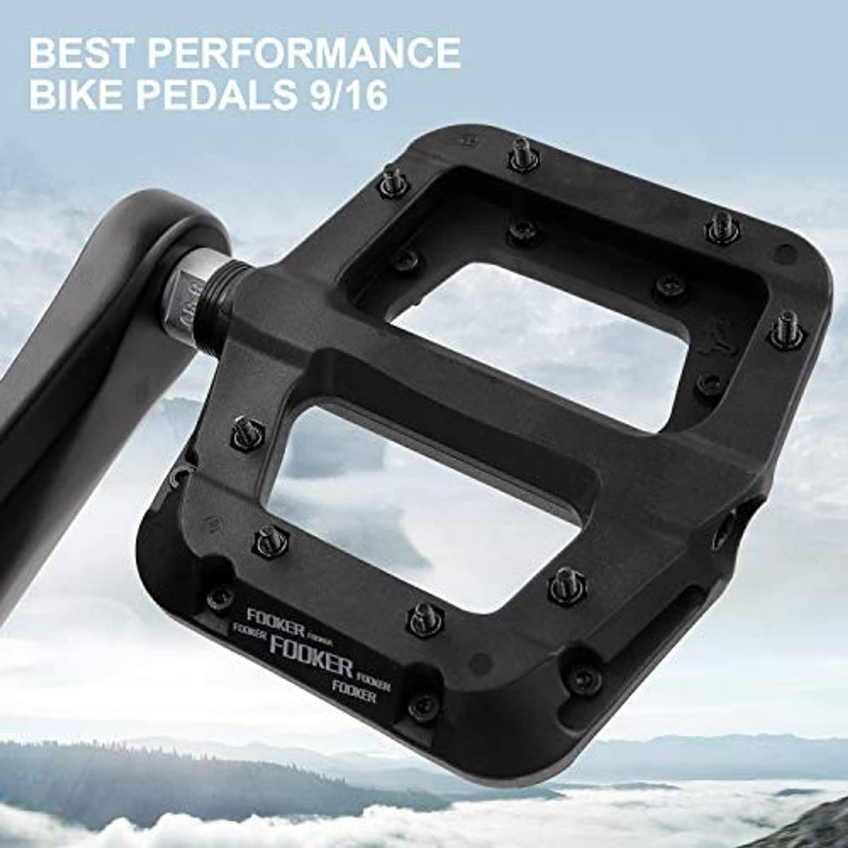 Black MTB flat pedal with open grip platform and threaded axle