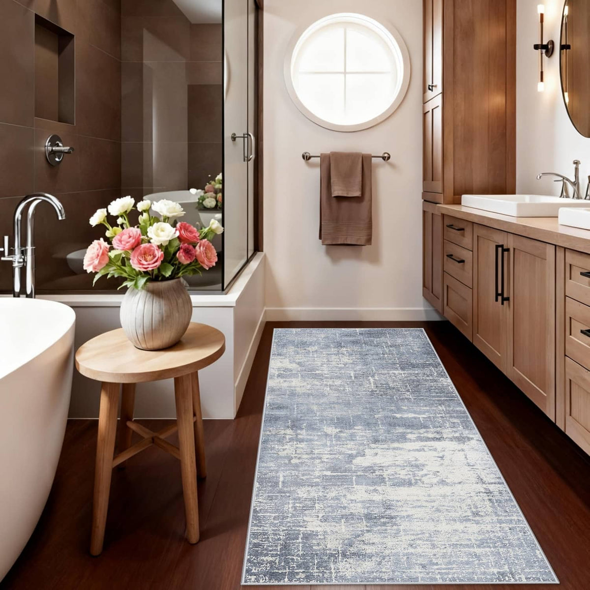 Blue and ivory rectangular runner rug on hardwood floor in a bathroom.