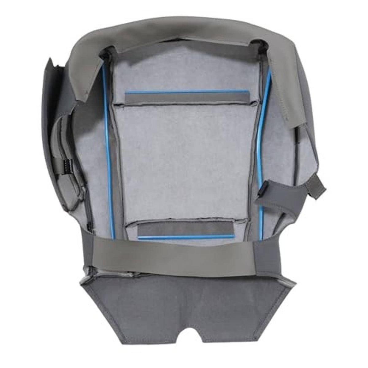 Gray cloth seat bottom cover underside with attachment straps and padding