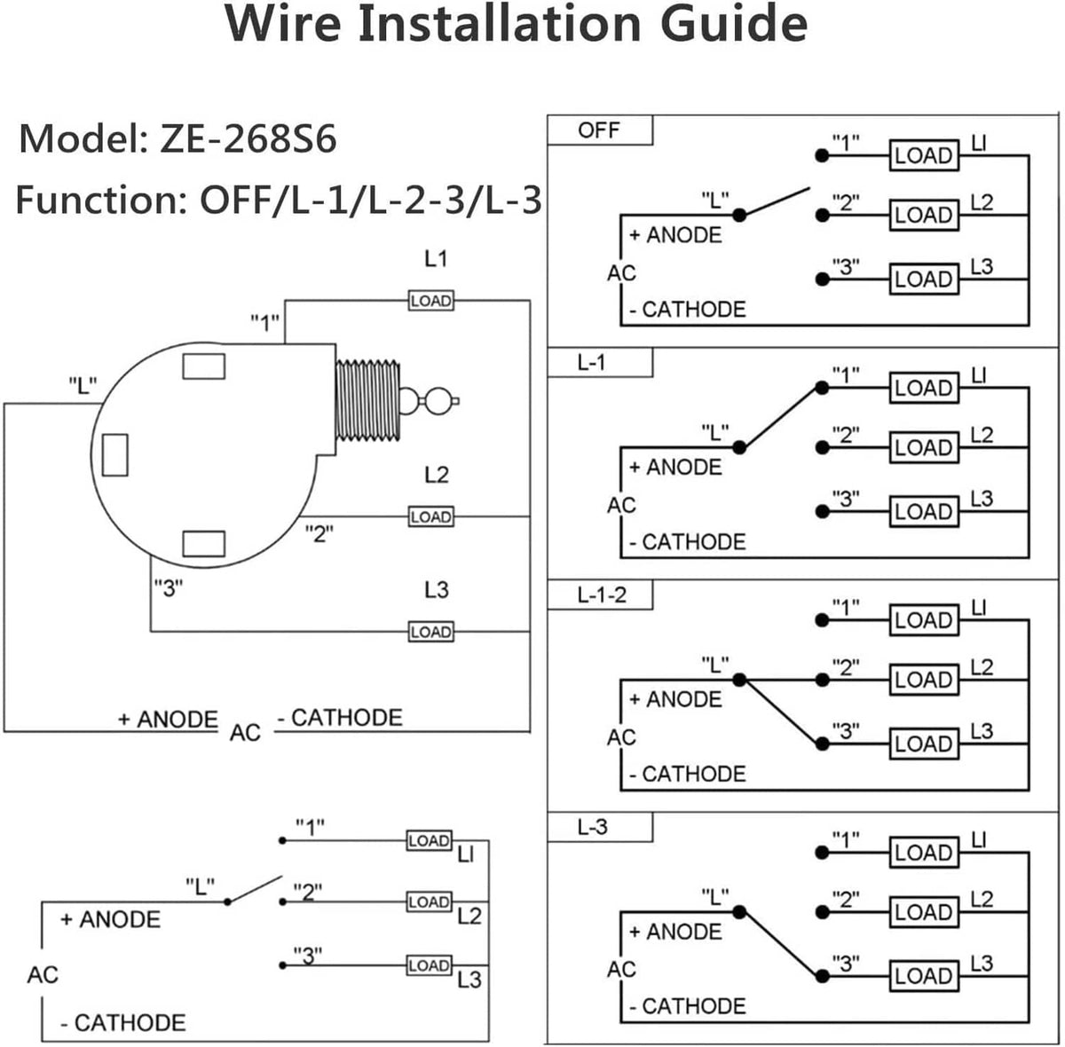 Ceiling fan pull chain switch wiring installation guide diagram with model label