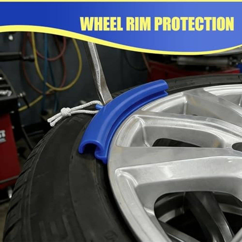 Blue rim protector guard on silver wheel rim with attached gray lanyard