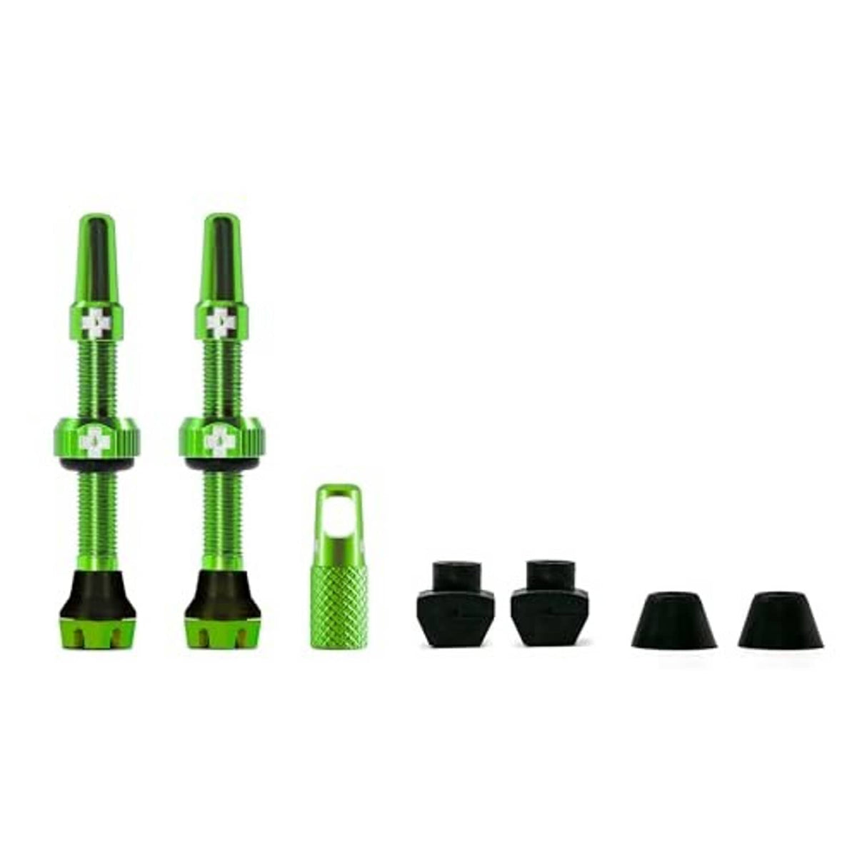Green tubeless Presta valves with caps and rubber bases, bundled set for mounting