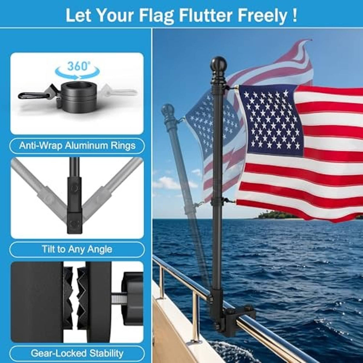 Flag pole kit with US flag and anti-wrap ring style mount