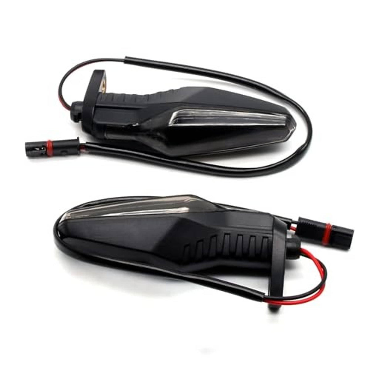 Motorcycle turn signal lights with smoked lenses, black housings, and red/black connectors