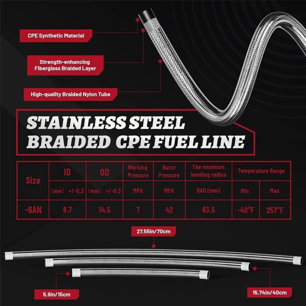 Stainless steel braided CPE fuel line hoses for -6AN fittings, shown with size chart
