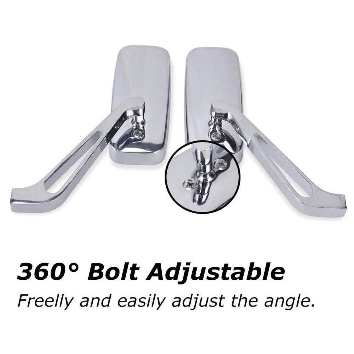 Motorcycle side mirrors with 360-degree bolt adjustment and chrome support arms