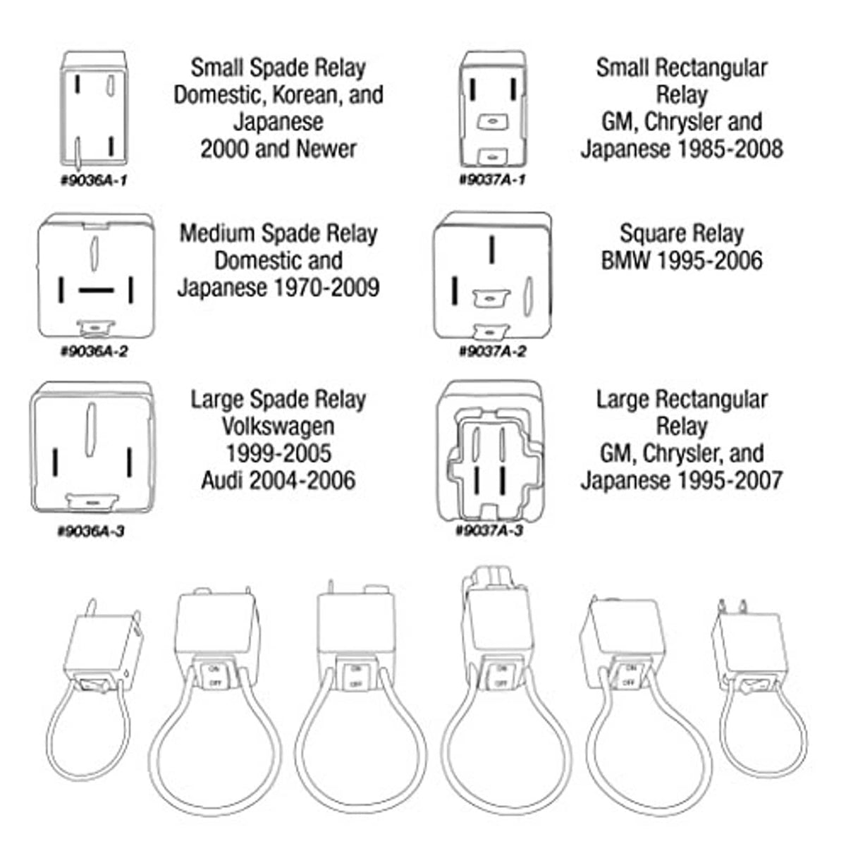 Relay bypass switch kit diagram showing several relay types and mounting styles