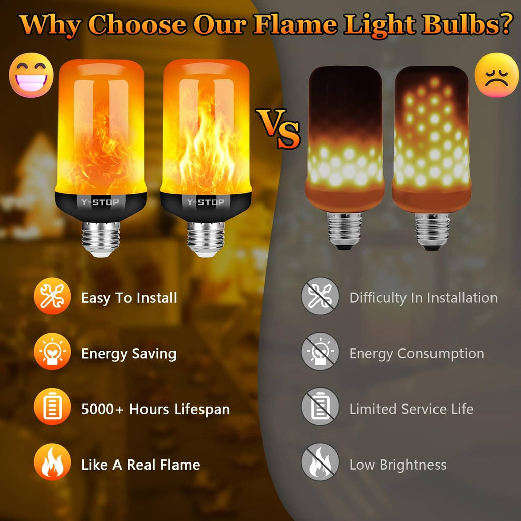 LED flame light bulbs comparison graphic with warm flame glow and black bases
