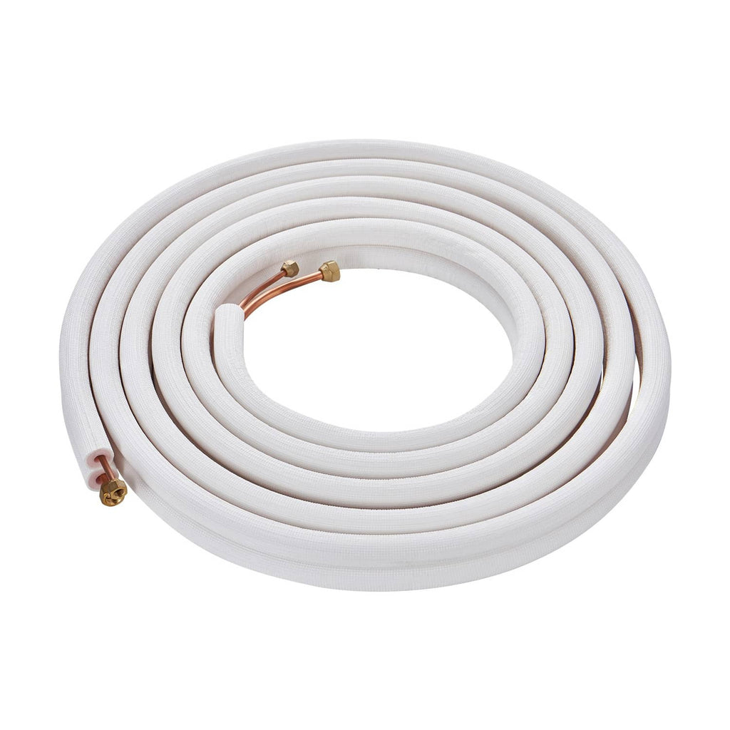 Coiled insulated refrigerant line set with white tubing and exposed copper connectors at one end