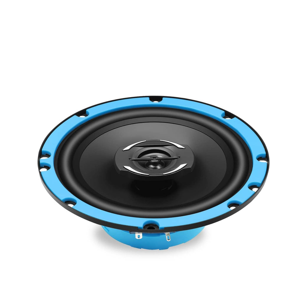 Front view of 6.5-inch car audio coaxial speaker with black cone and blue rim