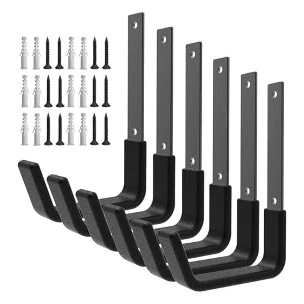 Multi-pack of black U-shaped wall mount hooks with long mounting plates and screws