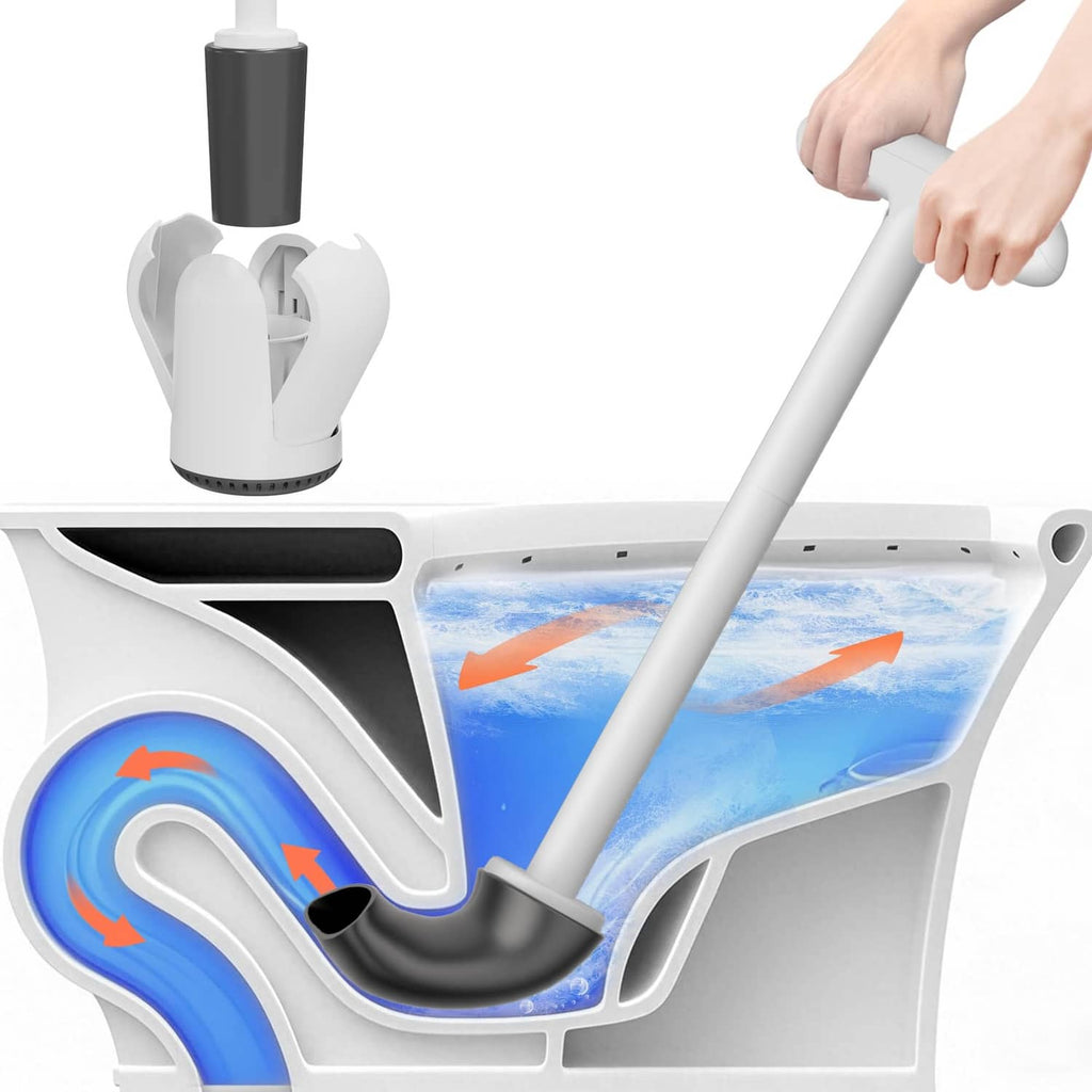 Wall-mounted toilet plunger in white with gray rubber cup and holder stand