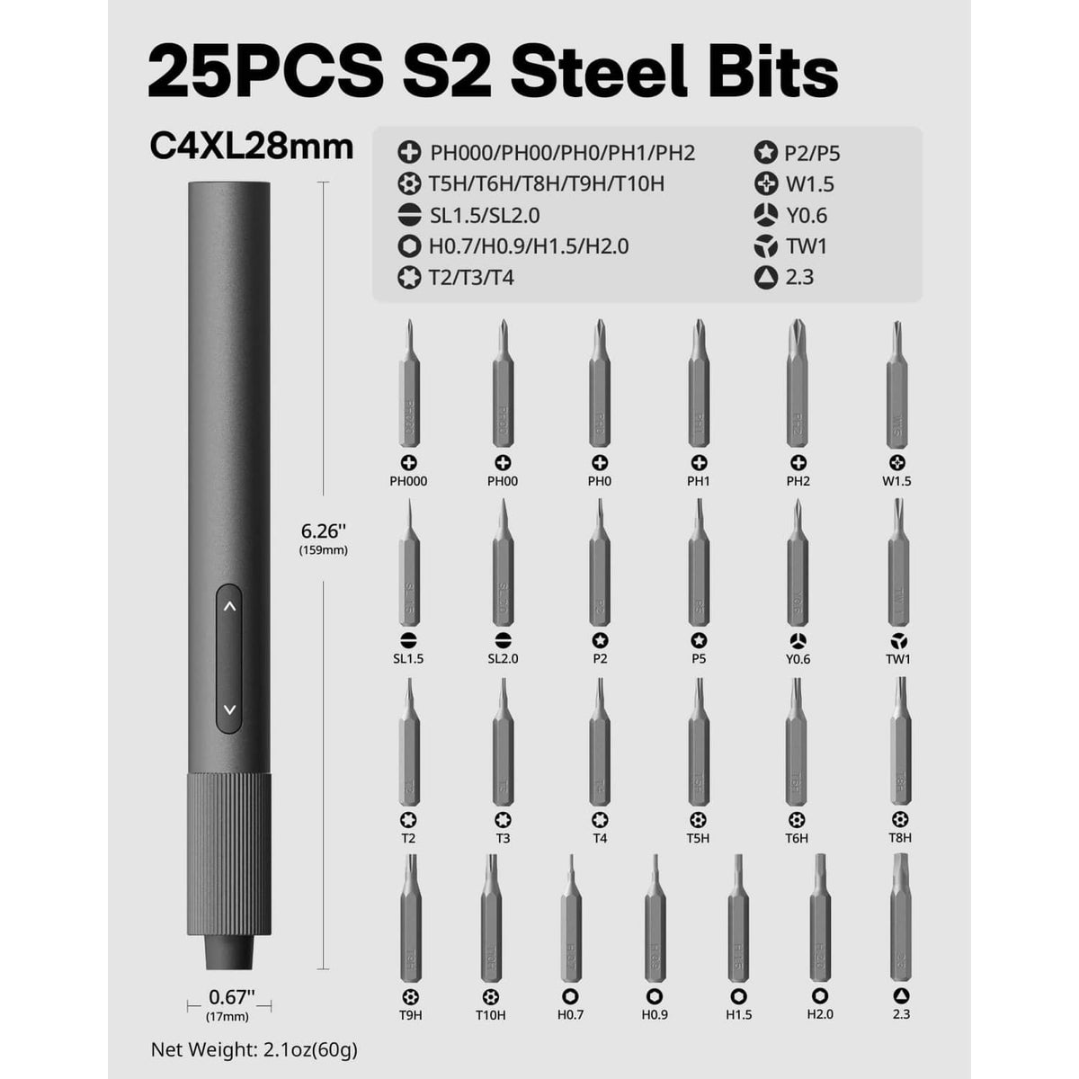 Gray precision electric screwdriver with assorted steel bits in a bit lineup