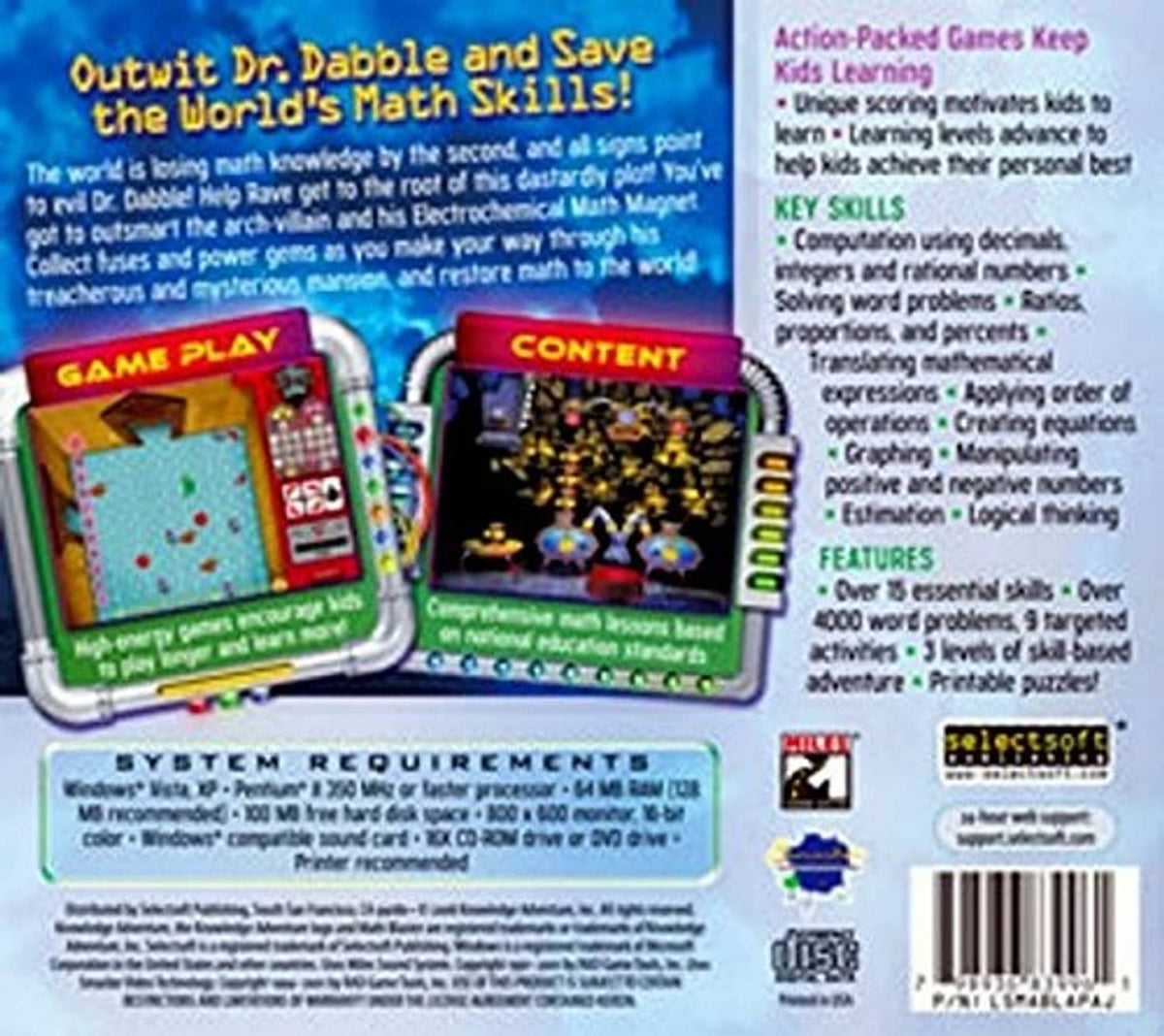 Math skills CD-ROM case with colorful gameplay screenshots and content panel