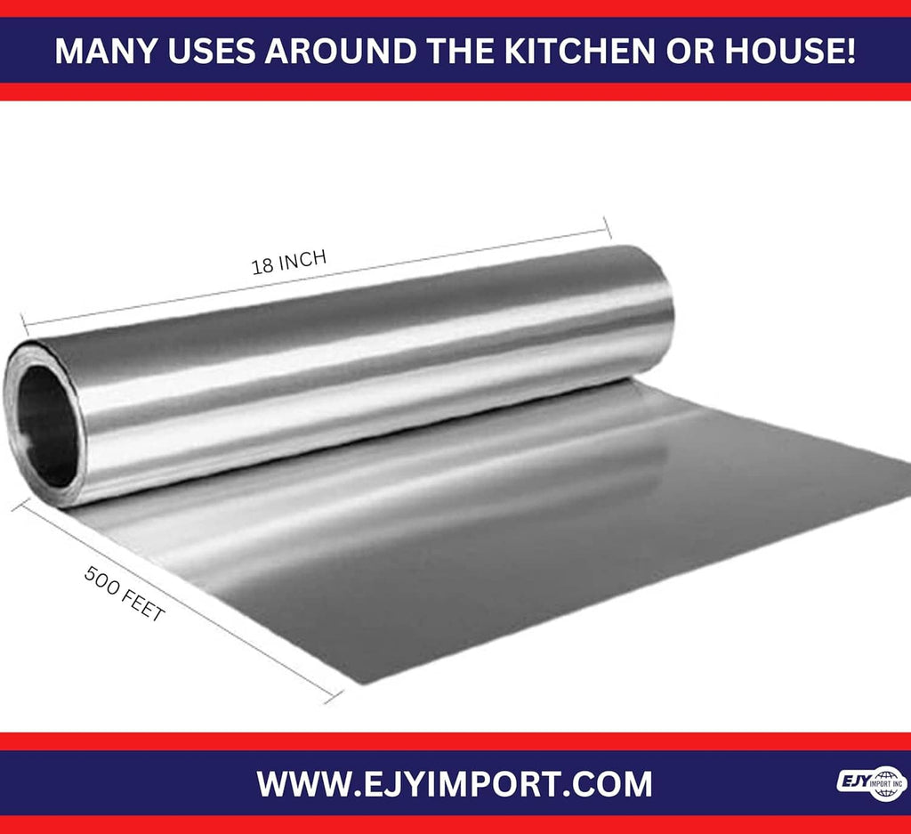 18-inch by 500-feet heavy-duty aluminum foil roll laid flat, silver sheet roll.
