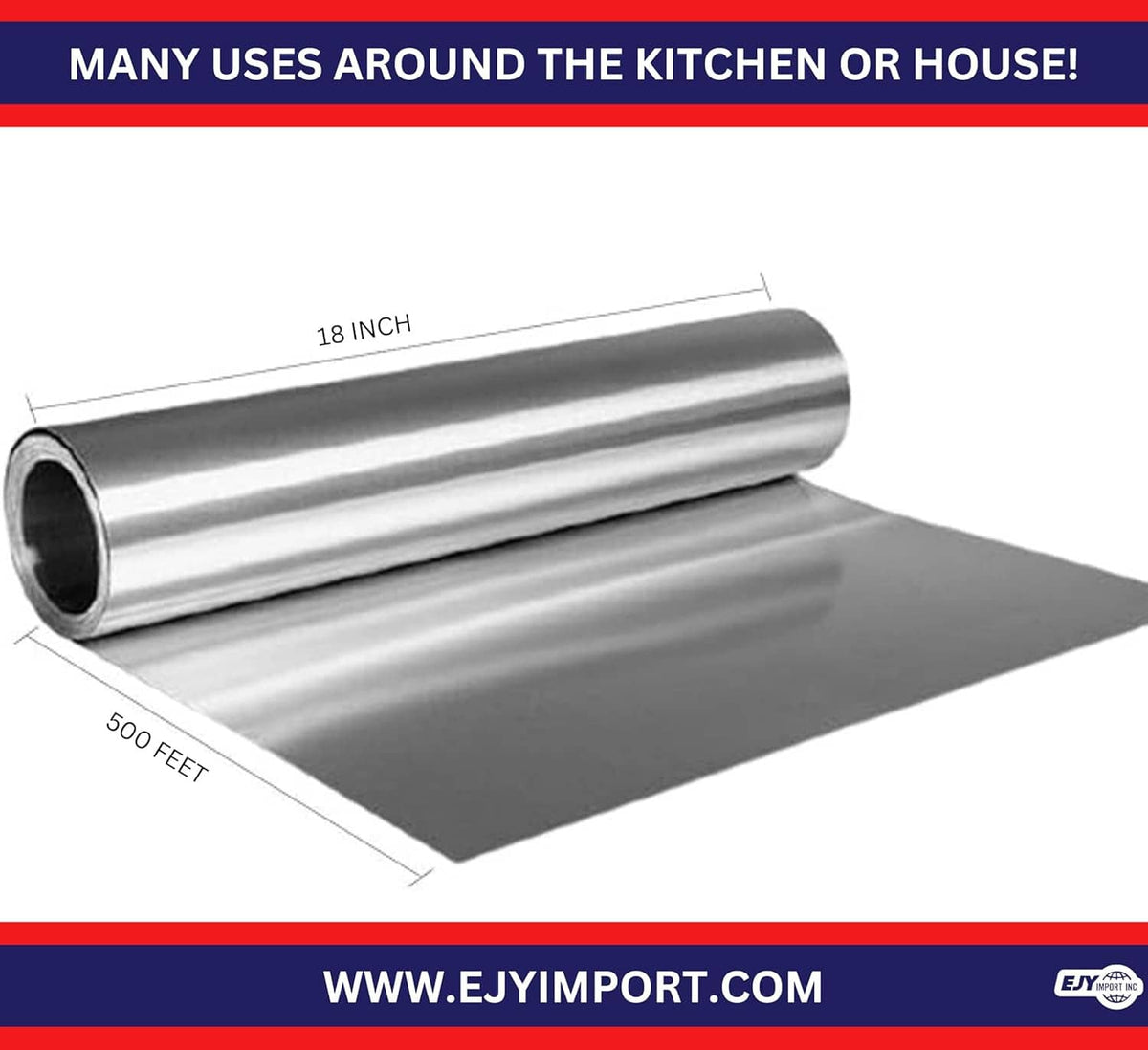 18-inch by 500-feet heavy-duty aluminum foil roll laid flat, silver sheet roll.