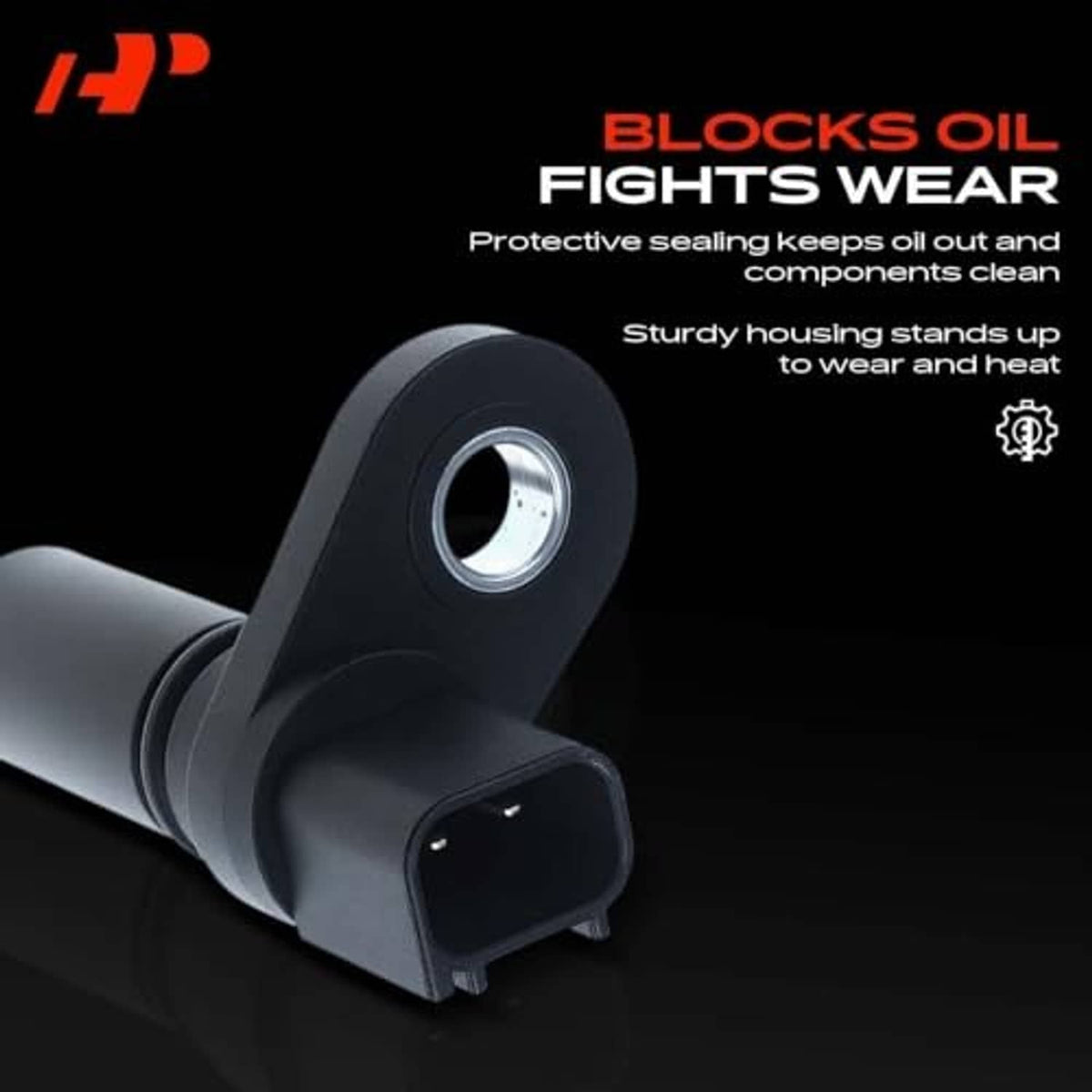 Engine camshaft position sensor with black housing, connector plug, and metal ring
