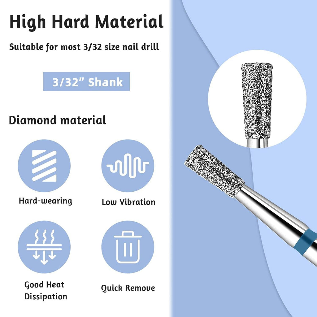 Diamond nail drill bit with textured metal cone head and blue ring shank collar