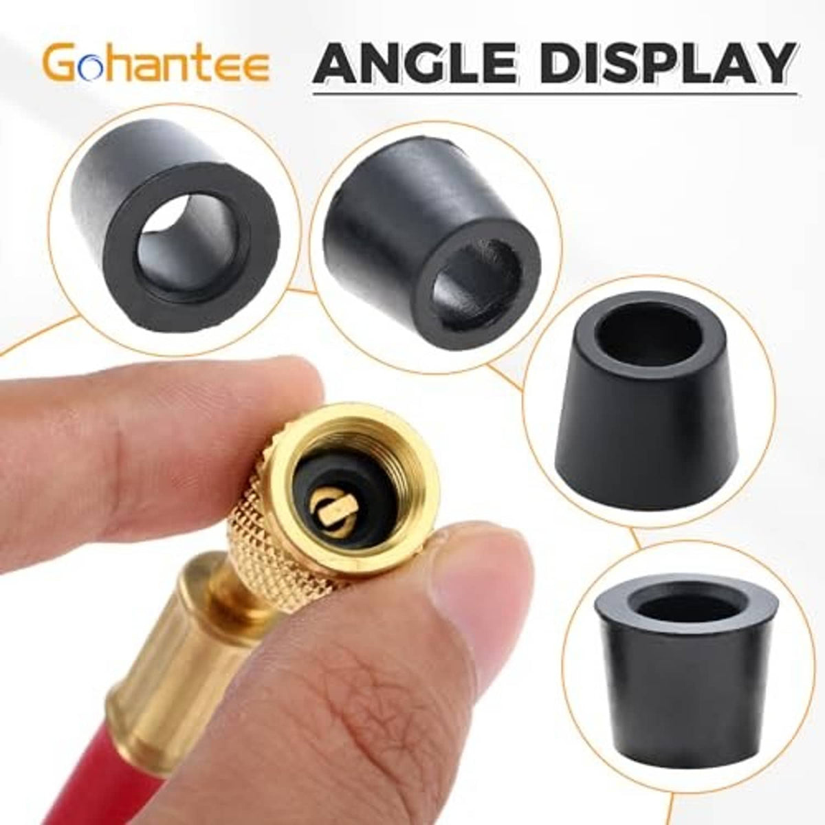 Black rubber conical gasket fitted on brass quick coupler, shown with fingers