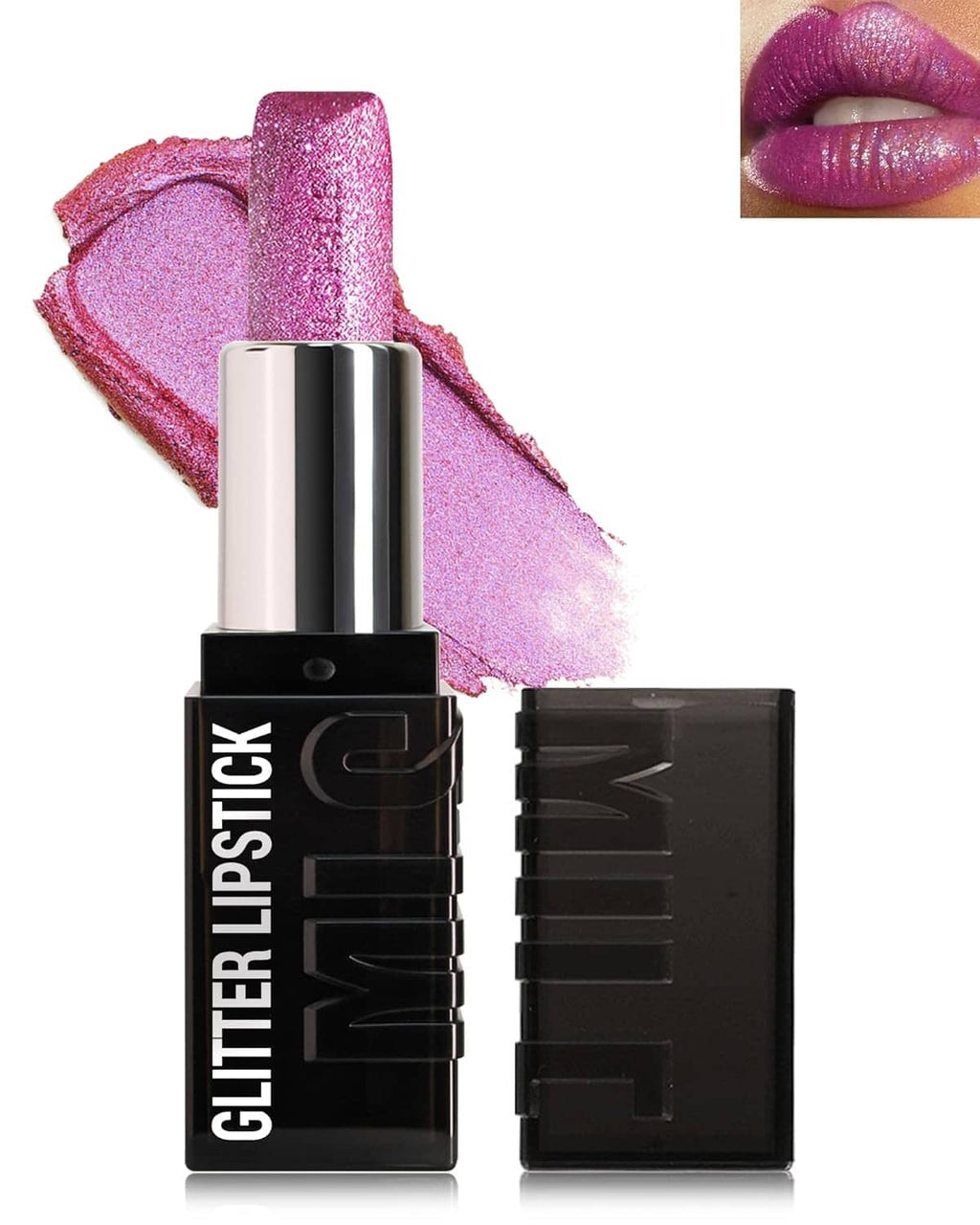 Rose pink glitter lipstick with tube in black case and silver cap, lip swatch inset