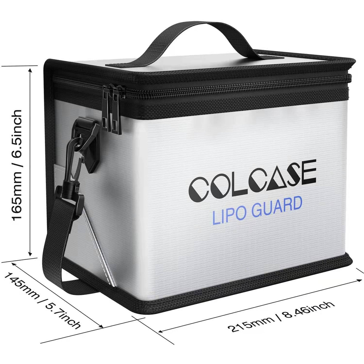 Colcase Lipo Guard storage bag with front latch and black trim, shown with dimensions